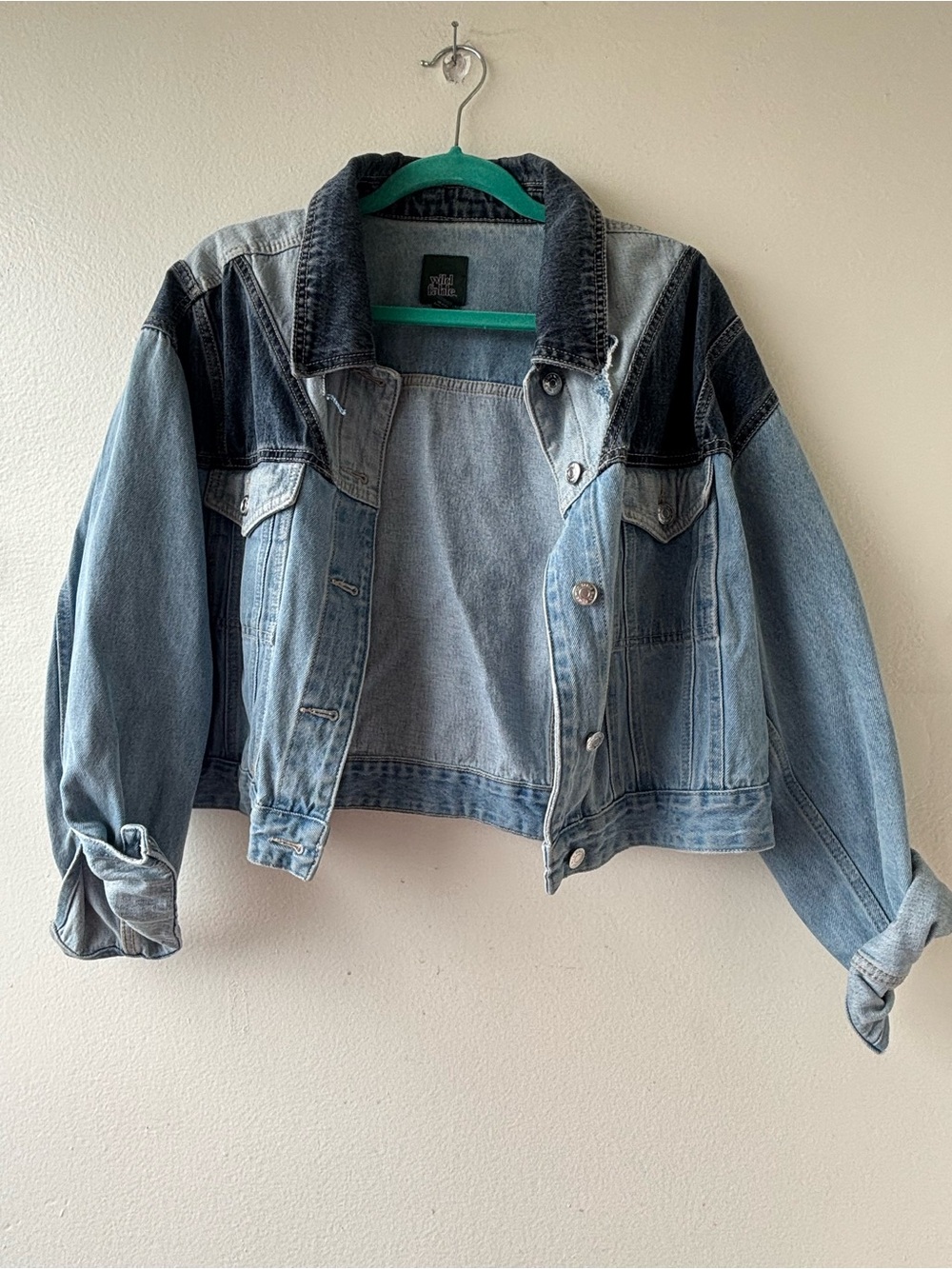 wild fable Two-Tone Light Blue patchwork Denim Jacket with Dark Navy Collar